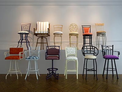 Assorted Bar Stools With Different Designs And Colorful Upholstered Seats 3d model