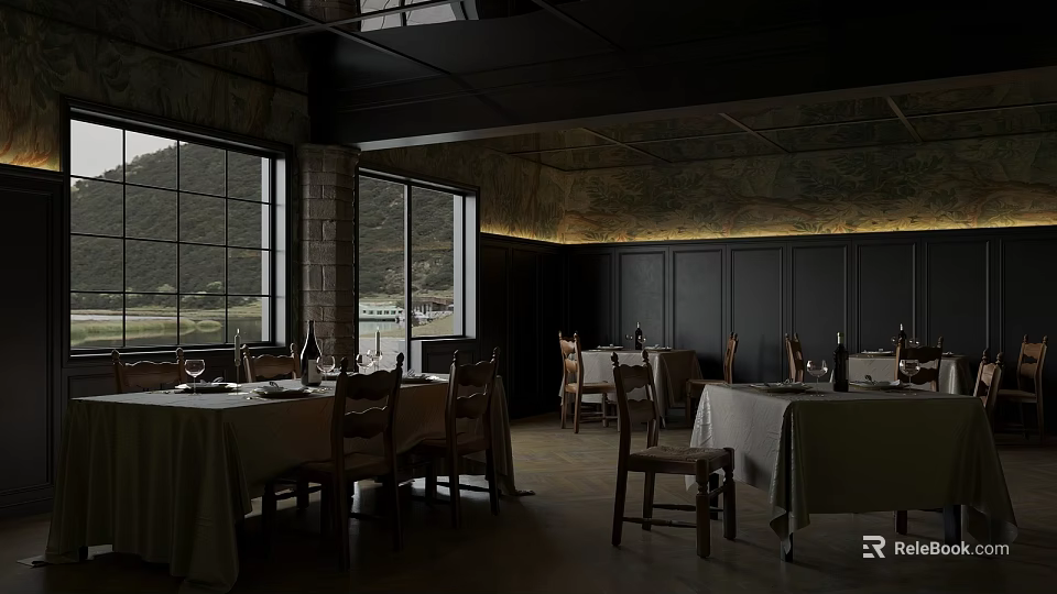 Elegant Restaurant With Large Windows Mountain Water Views White Tablecloths Dark Walls And Ceiling Decorations 3d model 