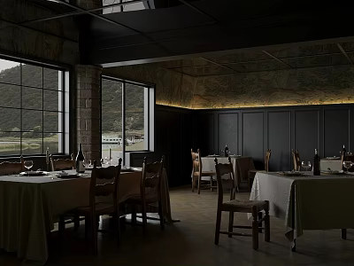Elegant Restaurant With Large Windows Mountain Water Views White Tablecloths Dark Walls And Ceiling Decorations 3d model