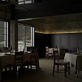 Elegant Restaurant With Large Windows Mountain Water Views White Tablecloths Dark Walls And Ceiling Decorations