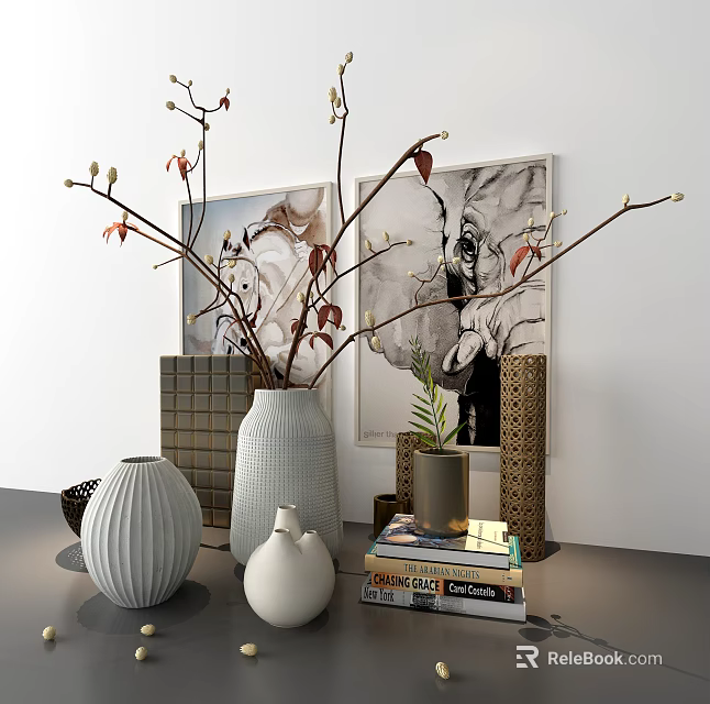 Modern Decorative Ornament Set With Ceramic Vases Branches Stacked Books Golden Lattice And Wall Art 3d model 