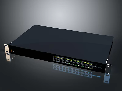 Black Network Switch With Multiple Ports And Metal Brackets On Sleek Surface 3d model