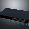 Black Network Switch With Multiple Ports And Metal Brackets On Sleek Surface