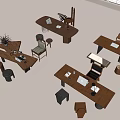 Modern Wooden Desks With Chairs Stools Laptop Lamp And Decorative Items