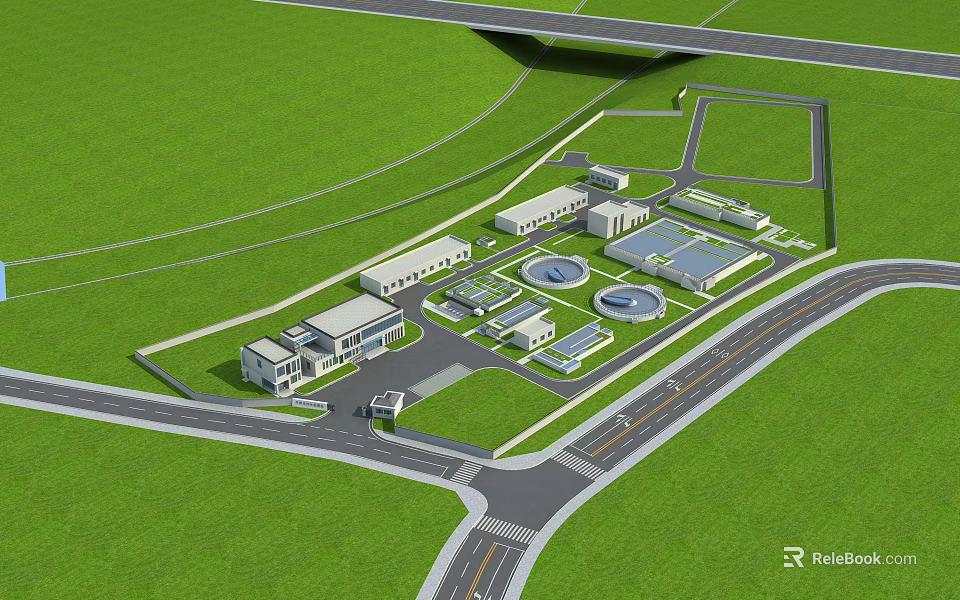 Aerial View of Modern Industrial Complex with Green Areas Roads and Circular Structures 3d model 