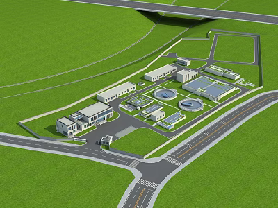 Aerial View of Modern Industrial Complex with Green Areas Roads and Circular Structures 3d model