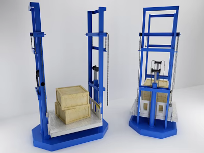 Three Blue Hydraulic Lifting Elevators with Wooden Boxes on Platform Surface 3d model