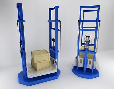 Three Blue Hydraulic Lifting Elevators with Wooden Boxes on Platform Surface 3d model