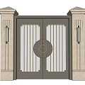 Building Facade Featuring Metal Gate Side Pillars And Circular Ornament Lights 3d model