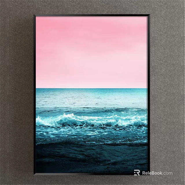 Serene Coastal Landscape Painting With Pink Sky Blue Ocean And Rolling Waves 3d model 