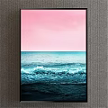 Serene Coastal Landscape Painting With Pink Sky Blue Ocean And Rolling Waves