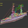 Vintage Battleship With Smoke Emitting American Flag Decorated Gray And Pink Hull