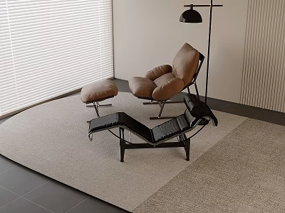 Brown Lounge Chair With Ottoman And Floor Lamp On Beige Rug Near Window Blinds 3d model
