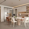 Modern Restaurant Interior Design With Dining Table Chairs Open Kitchen And Cabinets 3d model