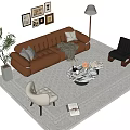 Brown Leather Sofa Set with Accent Chairs Coffee Table and Wall Art in Living Room