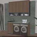 Laundry Room Setup With Double Washers Wooden Cabinets And Green Countertop