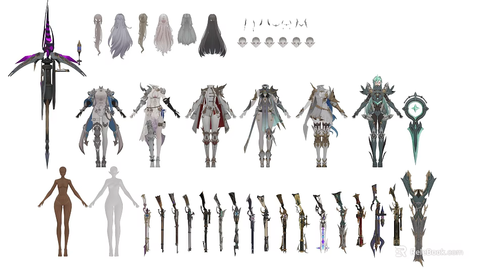 Game And Movie Character Design With Various Outfits Weapons And Hairstyles 3d model 