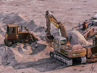Road Infrastructure Construction Site With Excavator Bulldozer Sand Piles And Workers 3d model