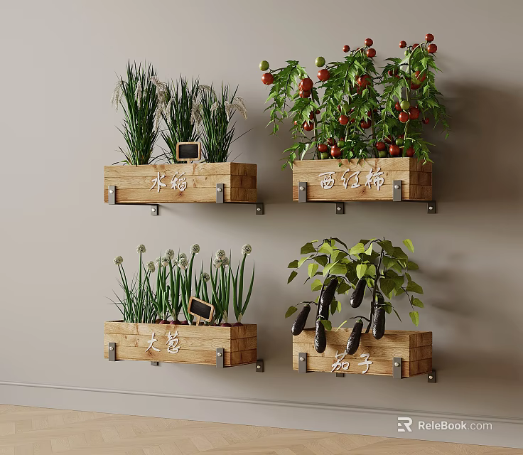 Crops Growing in Wall Mounted Wooden Planters with Fresh Tomato Eggplant and Garlic 3d model 