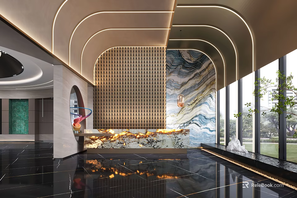 Elegant Hotel Lobby With Arched Ceiling Lines Textured Wall And Black Marble Flooring 3d model 