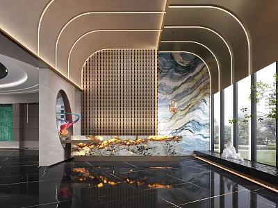 Elegant Hotel Lobby With Arched Ceiling Lines Textured Wall And Black Marble Flooring 3d model