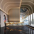 Elegant Hotel Lobby With Arched Ceiling Lines Textured Wall And Black Marble Flooring