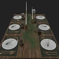 Wooden Table Dinnerware Set with White Plates Green Placemats Wine Glasses and Pine Branch Decoration