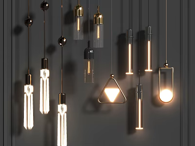 Modern Pendant Lights With Various Shapes Metal Finishes And Glowing Bulbs On Dark Wall 3d model