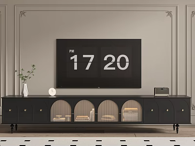 Black TV Stand With Drawers Glass Doors And Decorative Items On Top 3d model