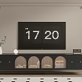Black TV Stand With Drawers Glass Doors And Decorative Items On Top