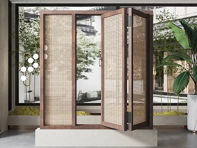 Modern Wooden Room Divider With Woven Panels In Indoor Setting Green Plants Outdoor View 3d model