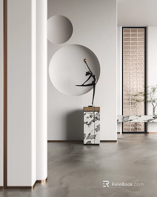 Metallic Dancer Sculpture In Modern Interior With Patterned Pedestal And Circular Wall Decor 3d model 