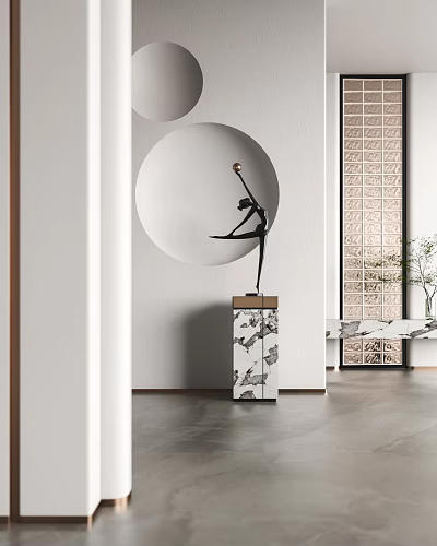 Metallic Dancer Sculpture In Modern Interior With Patterned Pedestal And Circular Wall Decor 3d model
