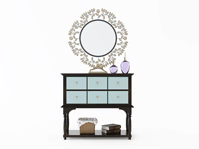 Stylish Dressing Table with Decorative Circular Mirror Light Blue Drawers and Dark Wooden Frame 3d model