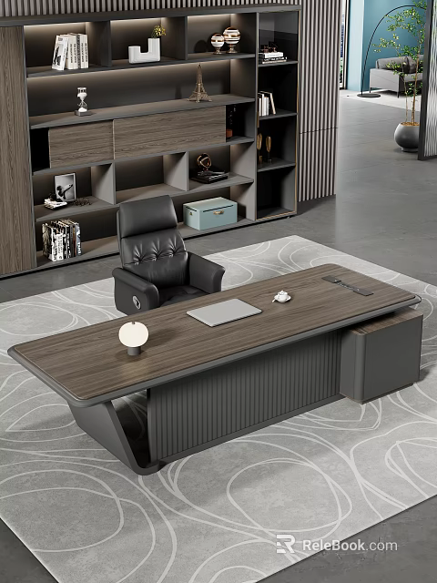 Modern Office Interior With Wooden Desk Black Leather Chair Bookshelf Table Lamp And Rug 3d model 