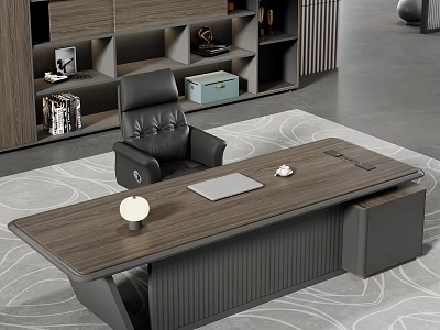 Modern Office Interior With Wooden Desk Black Leather Chair Bookshelf Table Lamp And Rug 3d model