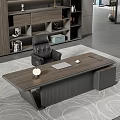 Modern Office Interior With Wooden Desk Black Leather Chair Bookshelf Table Lamp And Rug