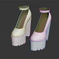 White Platform High Heel Shoes with Ankle Strap Thick Chunky Heel and Serrated Sole Design