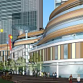 Modern Commercial Landscape With High Rise Buildings Circular Rooftops And Greenery