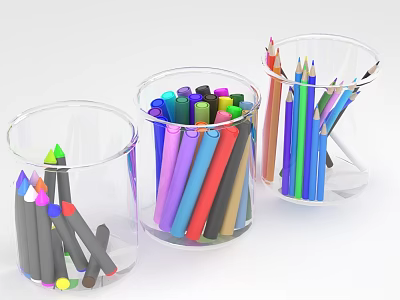 Vibrant Colored Pencils and Markers Placed in Three Clear Glass Cups with Various Colors 3d model