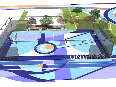 Modern UNIPARK Basketball Court Design With Blue Orange Court And Surrounding Greenery Fencing 3d model