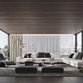 Modern Living Room Interior With Comfortable Sofa Coffee Table Floor Lamp And Large Windows