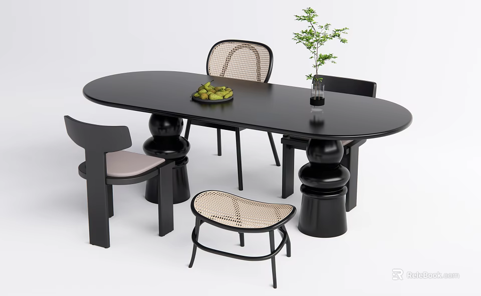 Modern Black Oval Dining Table Set With Woven Chairs Stool Fruit Bowl And Potted Plant 3d model 