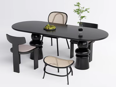 Modern Black Oval Dining Table Set With Woven Chairs Stool Fruit Bowl And Potted Plant 3d model