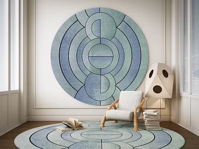 Round Carpet In Modern Room With Circular Wall Decor 3d model