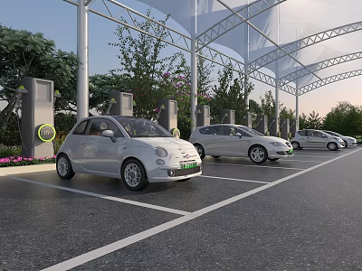 Electric Vehicle Charging Station With Parked White EVs Charging Piles And Green Canopy 3d model