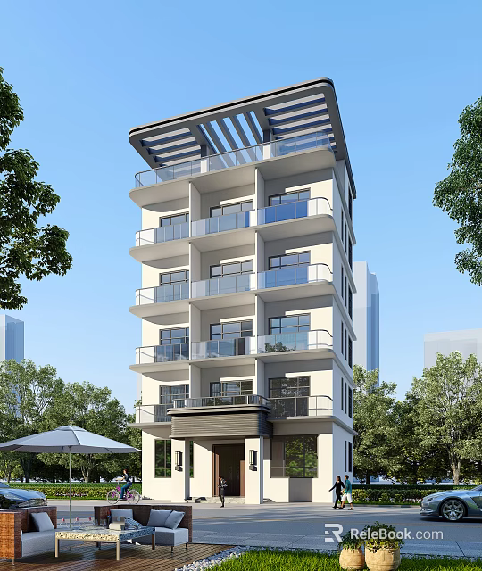 Modern Residential Building With Multiple Floors Glass Balconies And Surrounding Trees 3d model 