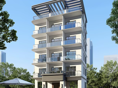Modern Residential Building With Multiple Floors Glass Balconies And Surrounding Trees 3d model