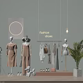 Clothing Rack For Fashion Shows Display With Mannequins Clothes Shoes Decorative Mirror And Plant