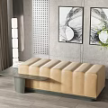 Modern Beige Striped Ottoman Bench With Small Table And Black White Decorative Paintings